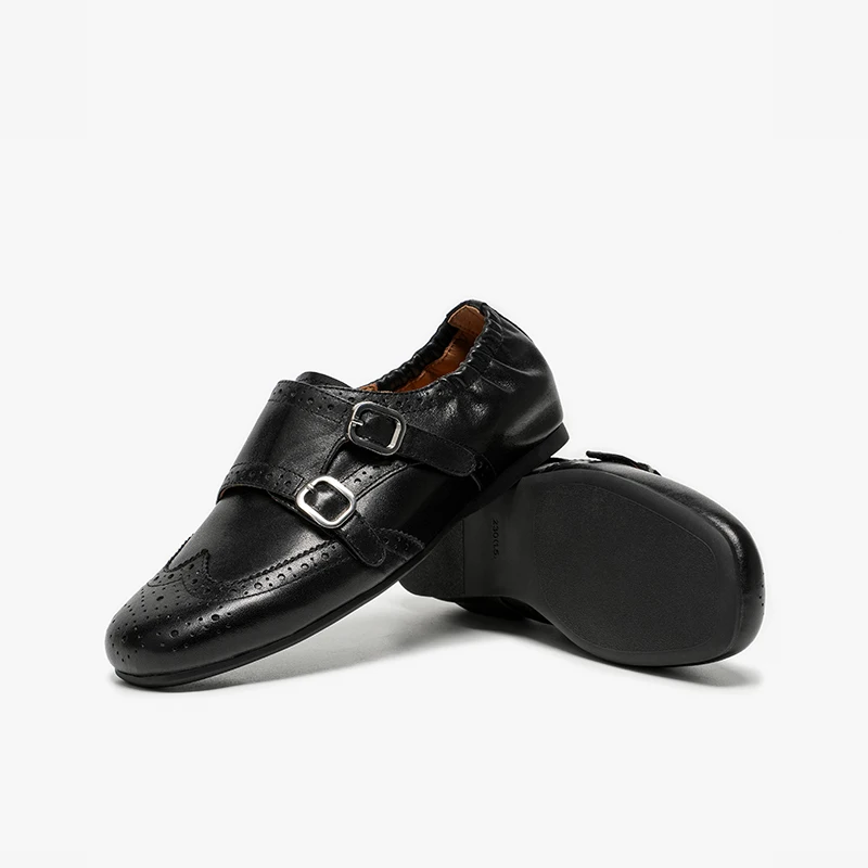 BEAUTODAY Classical Monk Shoes Women Sheepskin Solid Color Round Toe Brogue Style Flats Look Hoop Ladies Shoes Handmade 27989