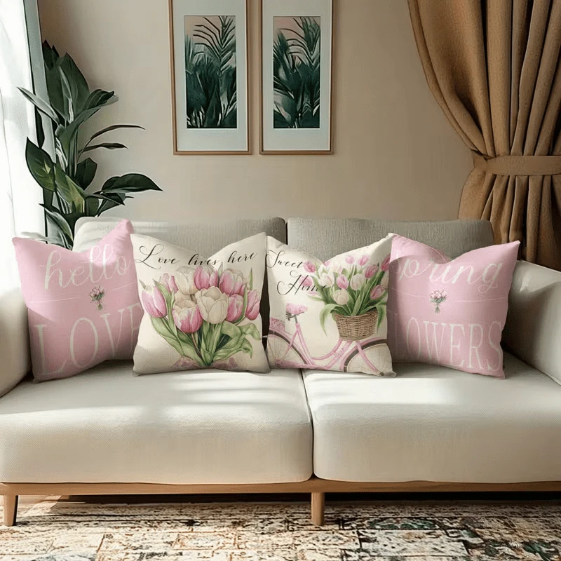 4pc Spring Floral Throw Pillow Covers  Pink Tulip Bicycle Love Hello Decorative Cushion Cases for Sofa Bedroom Living Room
