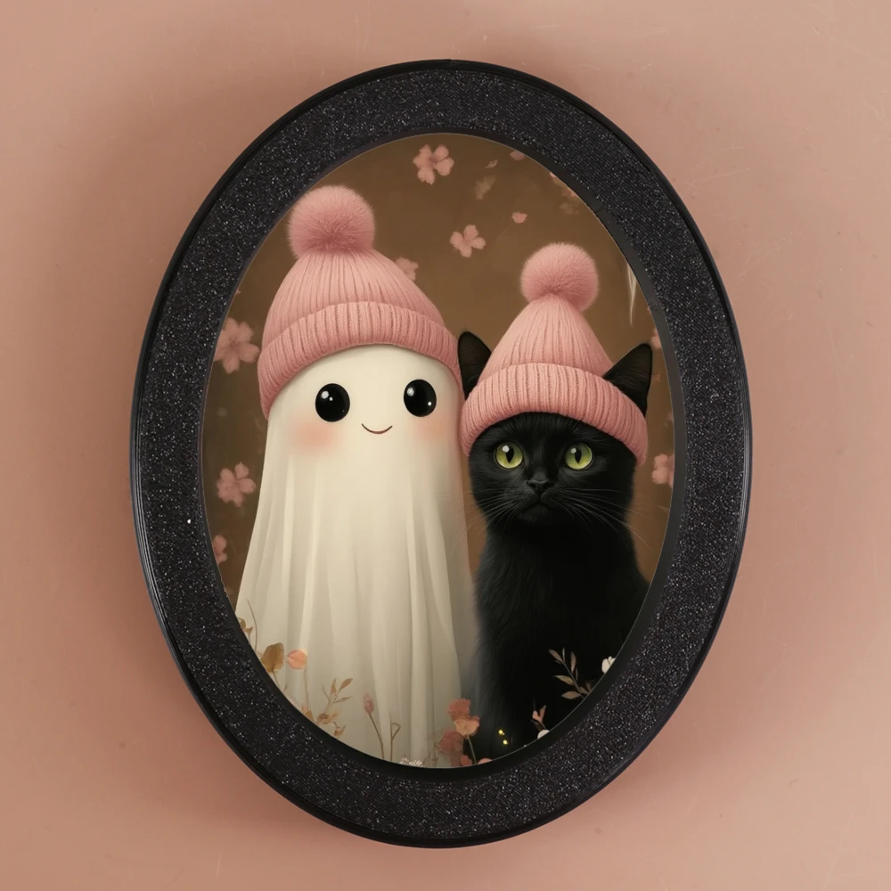 Cross - border Black Oval Photo Frame with Ghost & Black Cat Illustration, Featuring Cute Pink Hats and Flower Elements, Suited