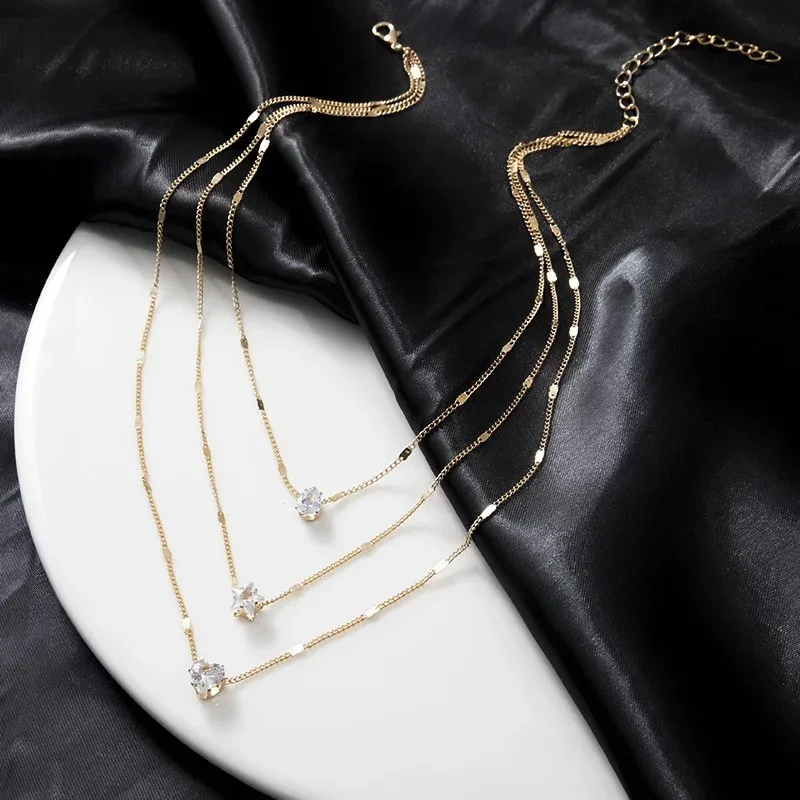 Gold Color Simple Multilayered Pendant Necklace For Girls Women Star Heart Shaped Pendant Necklace Jewelry For Birthday Gift