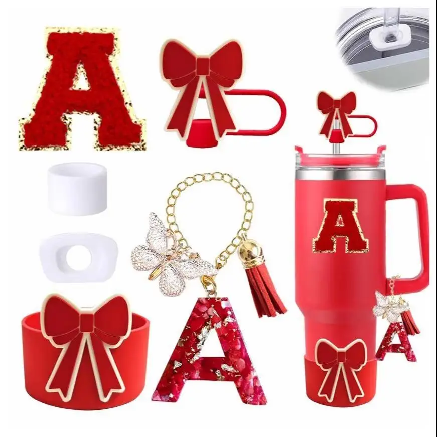 Red Silicone Straw Tumbler Cap with Bow for Stanley Cup 30oz 40oz with Handle - Cup Accessories Set Including Cover And Boot