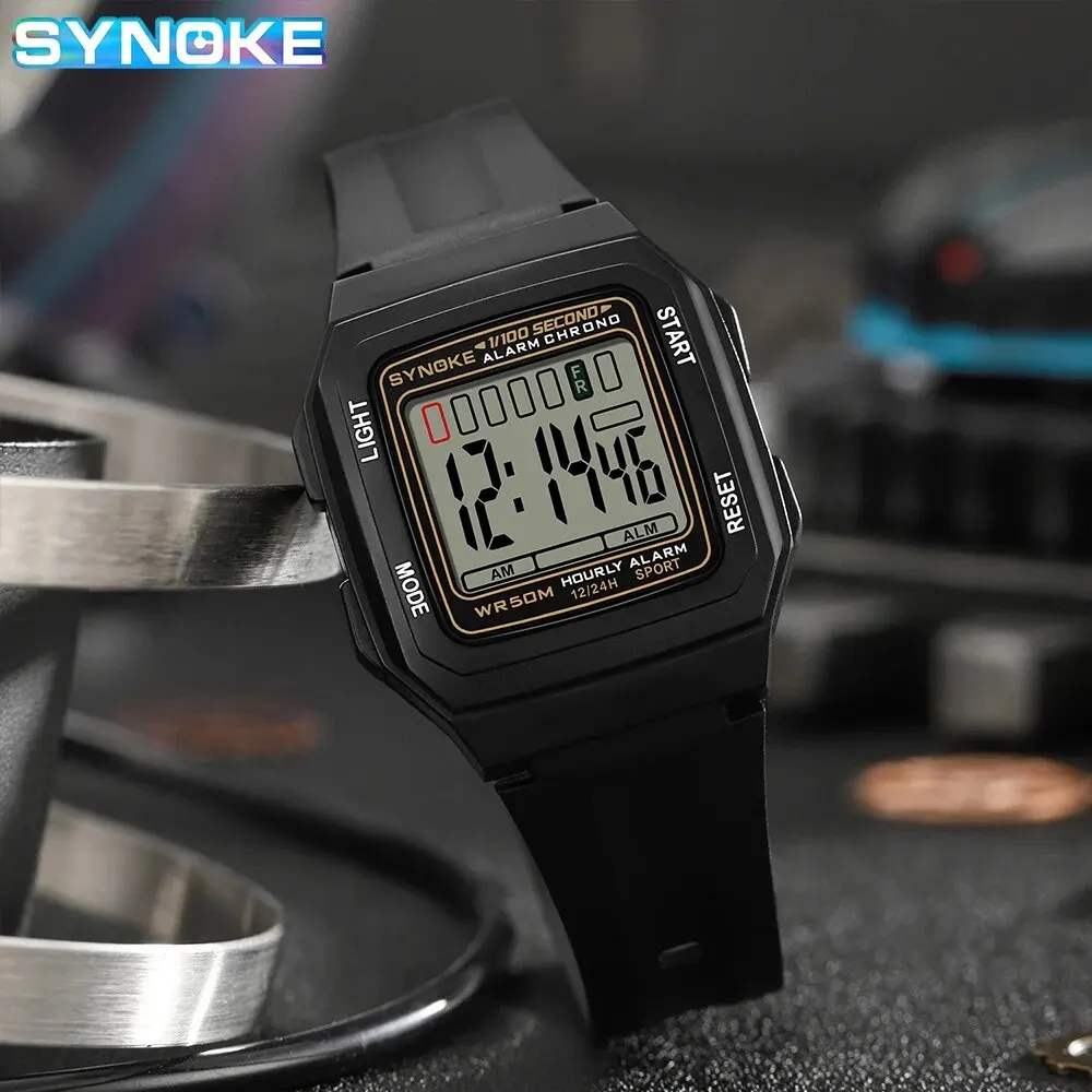 SYNOKE Men Rectangular Sports Electronic Watch Waterproof Night Light Large Screen Alarm Clock Trend Retro Style Classics