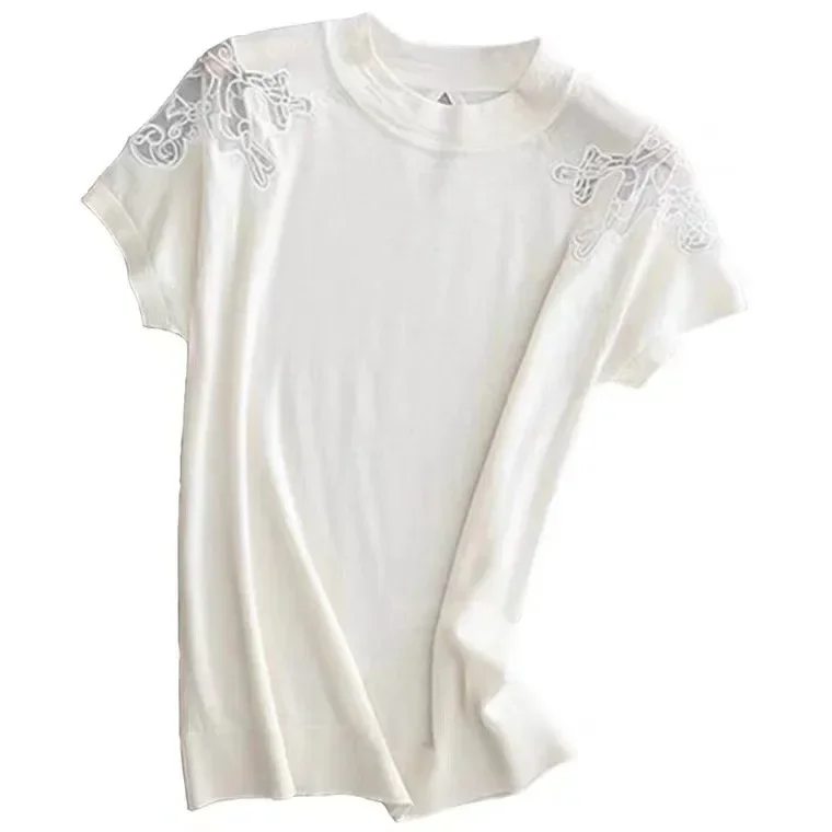 Caofeimao Fashion Embroidery Spliced Lace Gauze Blouse Women Clothing 2025 Spring New Casual Pullovers Tops Loose Commute Shirt