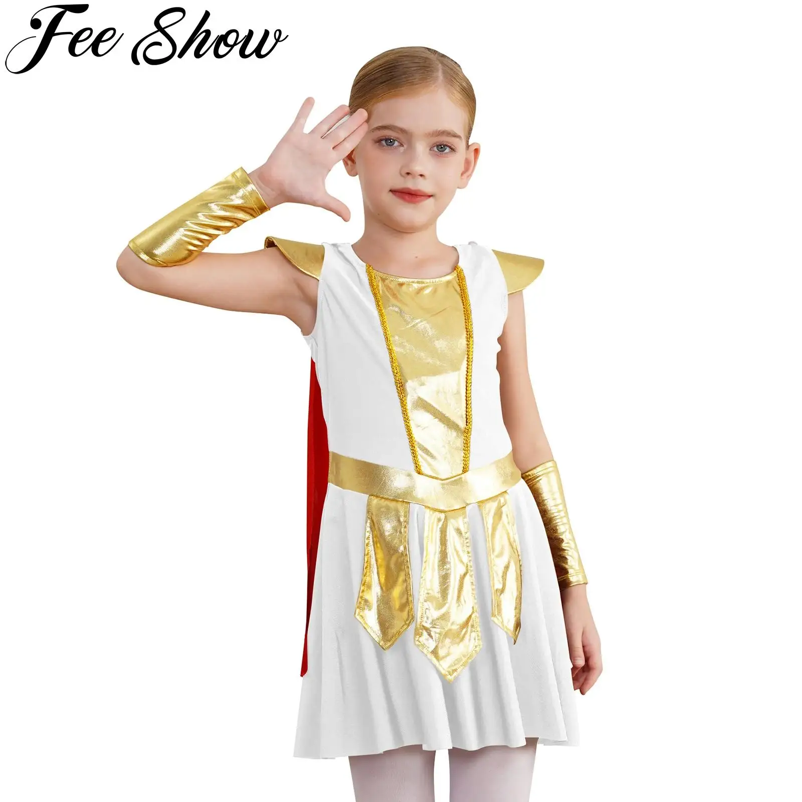Girls Halloween Ancient Roman Warrior Costume Medieval Soldier Gladiator Cosplay Dress Up Metallic Shiny Robe Dress with Cape