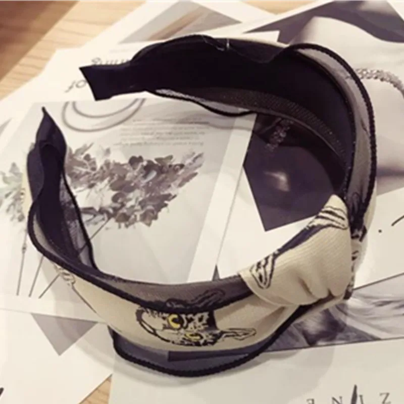 Lovely Cats Print Headband for Women Handmade Fabric Mesh Hairband Knot Ladies Holiday Travelling Headwear Wide Head Band