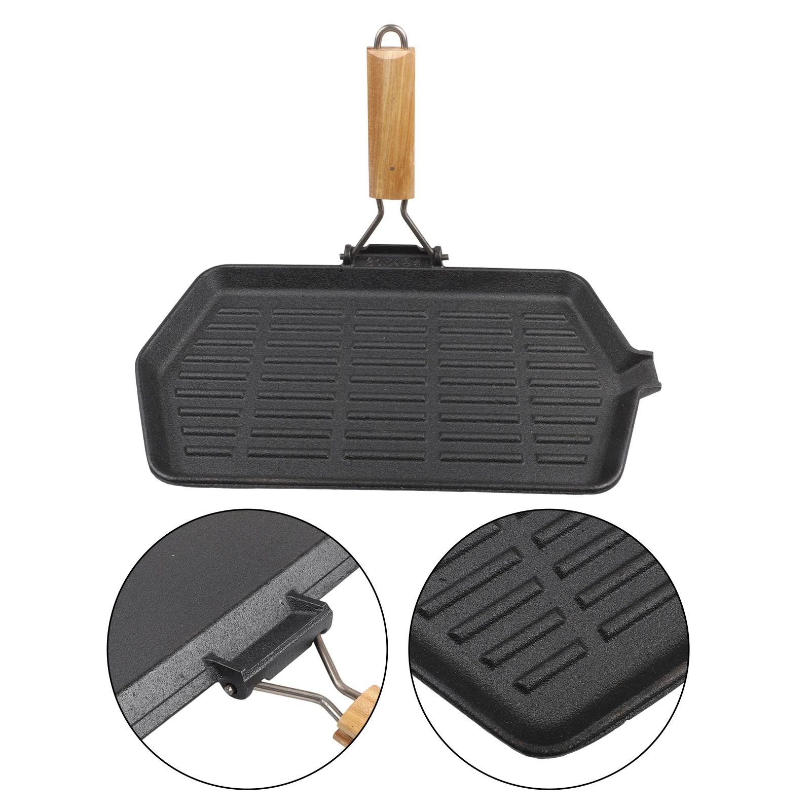 1PC Iron Grill Non-Stick Cast Iron Frying Pan With Even Heat & Foldable Wooden Handle Square Skillet For Indoor&Outdoor Grilling