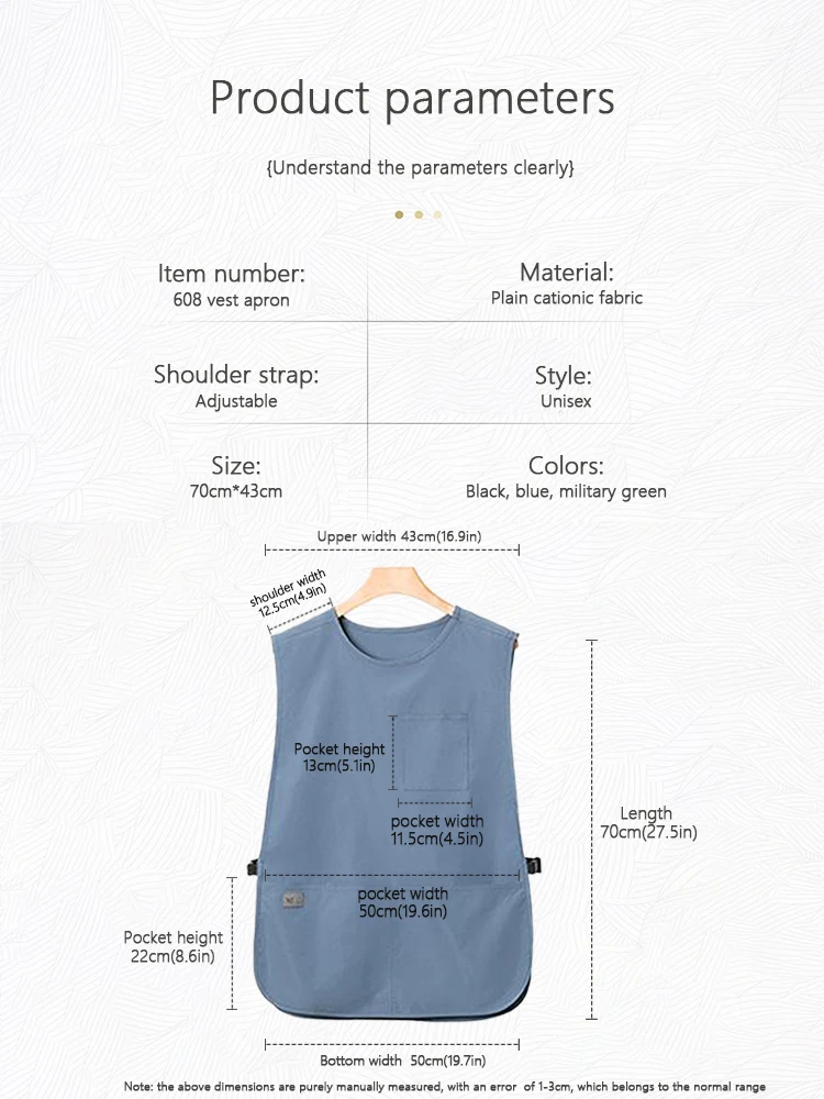 Delantal tipo chaleco impermeable catiónico, color sólido con diseño multibolsillo, ajuste relajado para cafetería, cocina, personal, restaurante, unisex