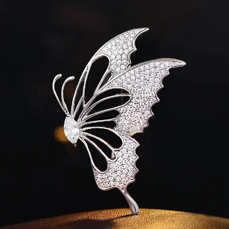 Chinese Style Lucky Auspicious Butterfly Brooch Silver Tone Sparkling Cz Anti Exposure Elegant Daily Commute Clothing Accessory