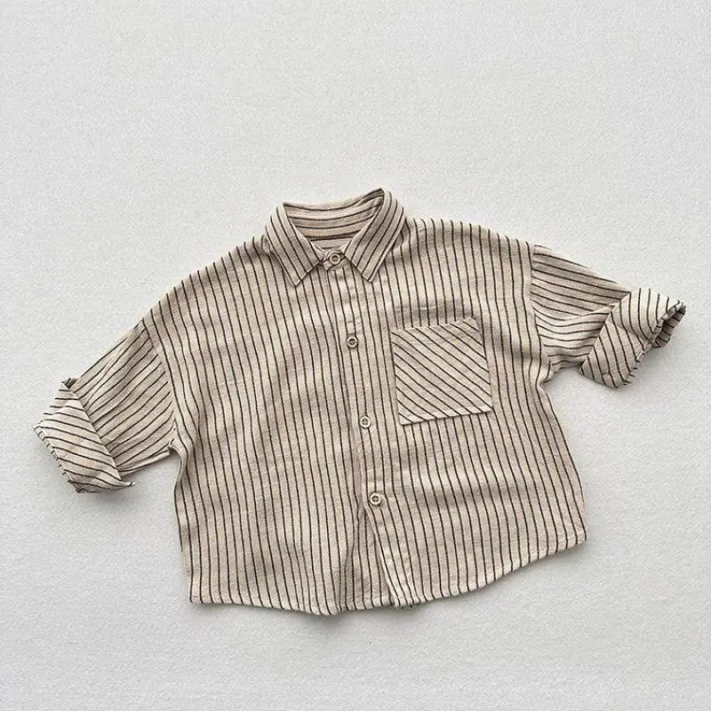 

Новинка осени 2024, детские рубашки с длинными рукавами, хлопковые рубашки в полоску с лацканами для мальчиков, модные повседневные рубашки для маленьких девочек, детская одежда