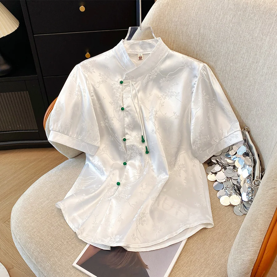Handmade Chinese Style Satin Short Sleeve Lady's Top with Embroidery And Tassel Design Elegant Fashionable Women's Clothing