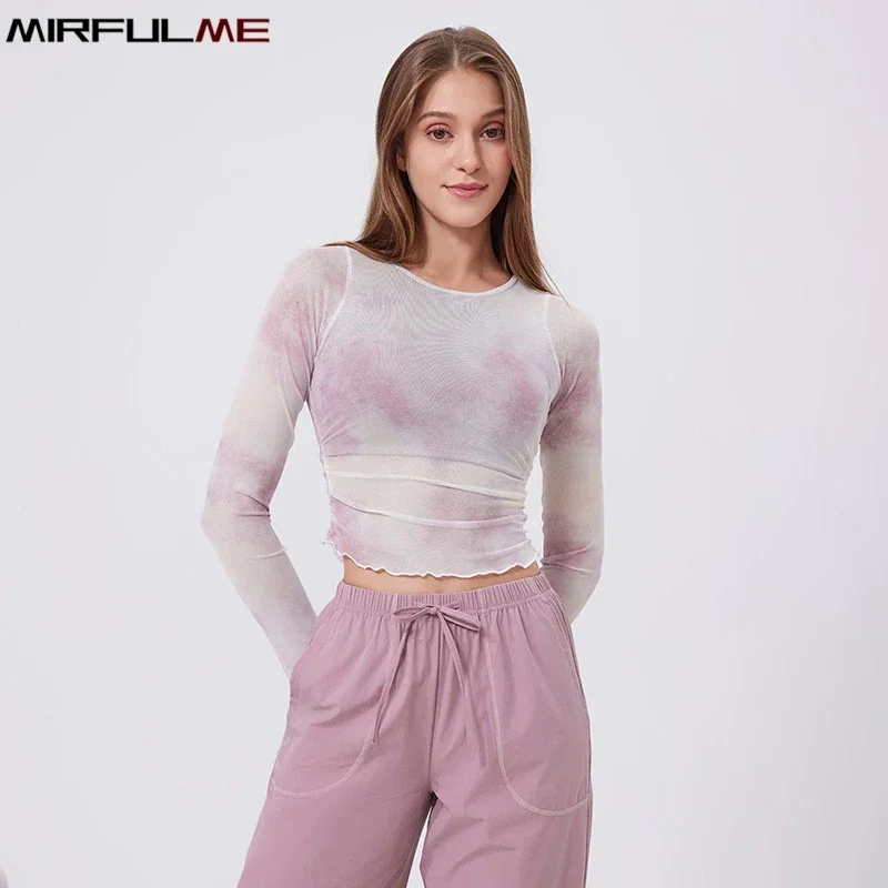 Women Yoga Sport Shirts With Pad Gradient Training Undershirt Mesh Long Sleeve Running Shirt Outdoor Gym Fitness Top Sweatshirts