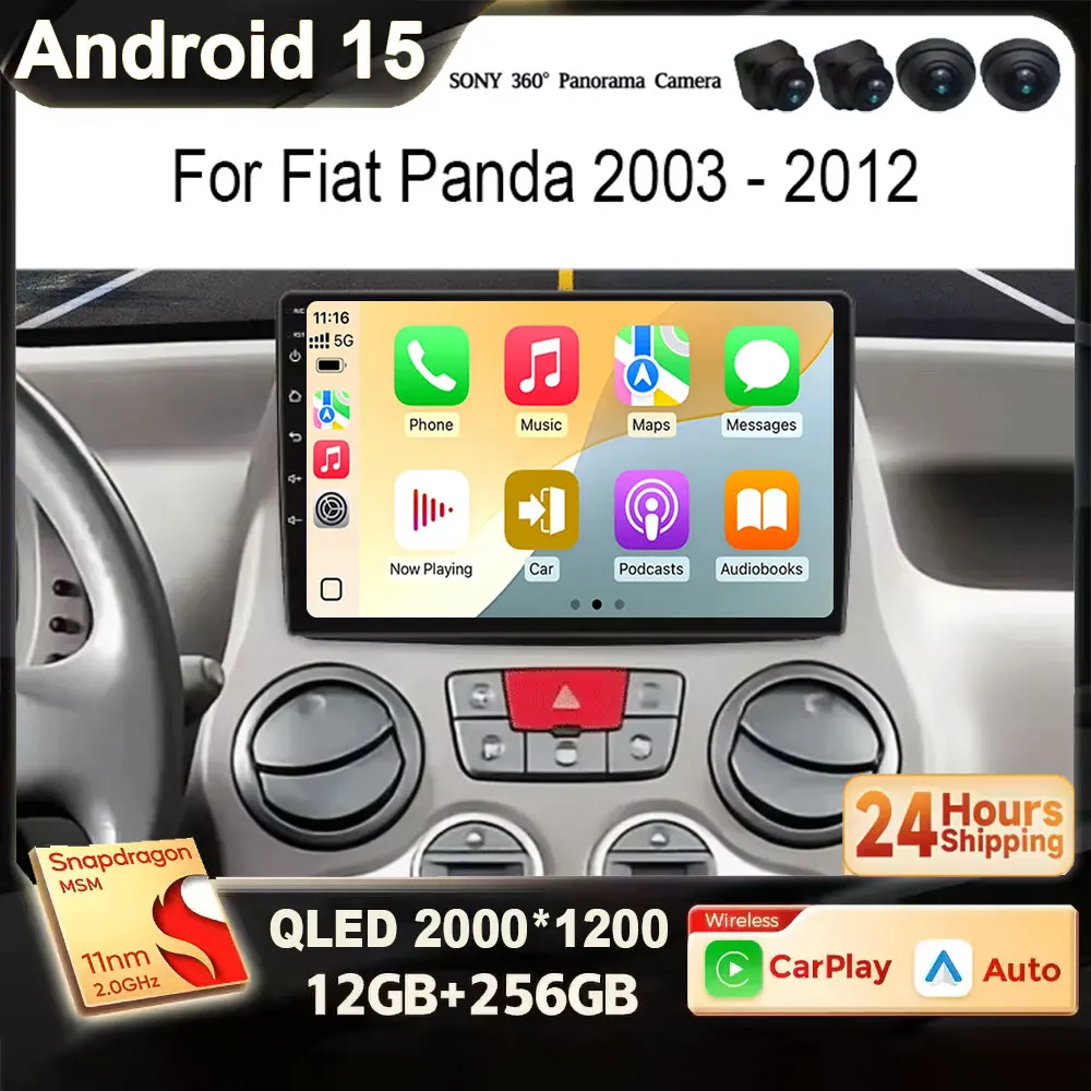 For Fiat Panda 169 2003 - 2012 Android 15 2K QLED CarPlay Auto Radio 360 Camera Car Intelligent Systems RDS BT DSP 4G autoradio