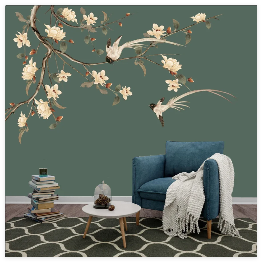 Customized size wallpaper with Chinese flowers, birds, branches, peacock murals, rainforest plants, parrots, banana trees mural