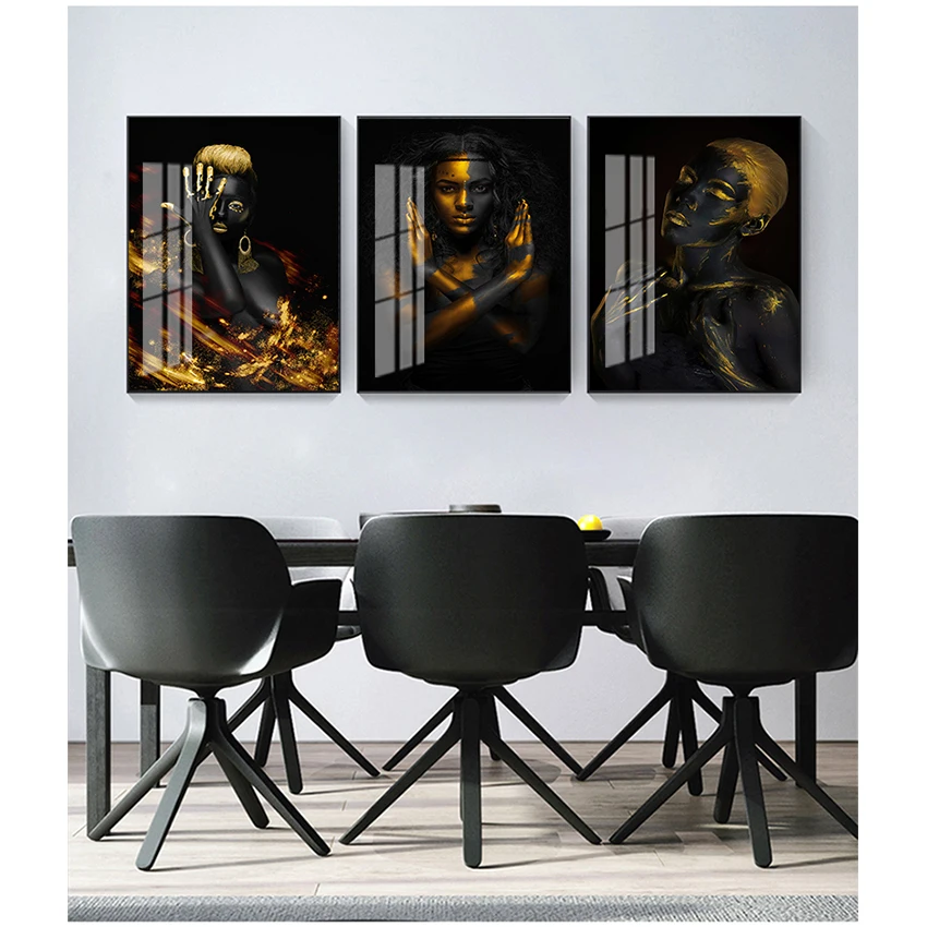 Scandinavian Wall Art Picture for Living Room Black and Gold African Woman Indian Oil Painting on Canvas Posters and Prints