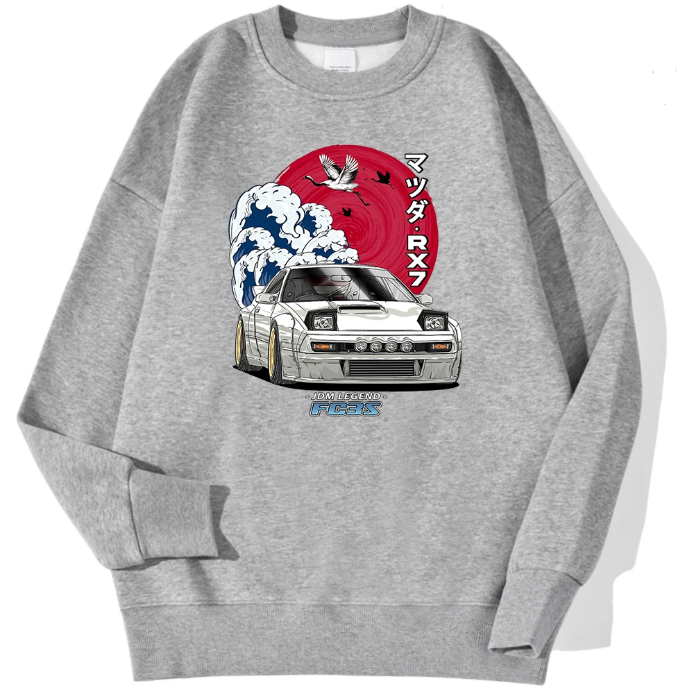 Japanese Car Waves Crane Red Sun Print Man Pullovers Oversize Fleece Hoodie Simple Crewneck Sweatshirt Autumn Casual Clothes