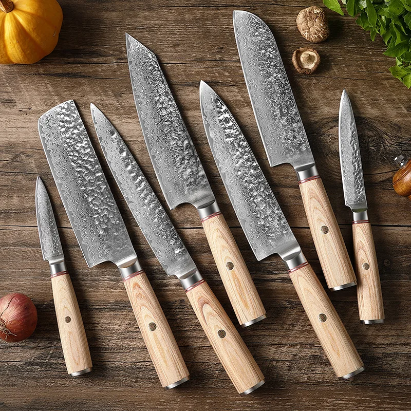 TJ POP Forged Damascus Steel Kitchen Knives Sets 1-7 Pcs Sharp Japanese VG10 Santoku Knife Utility Cleaver Kiritsuke Chef Knife