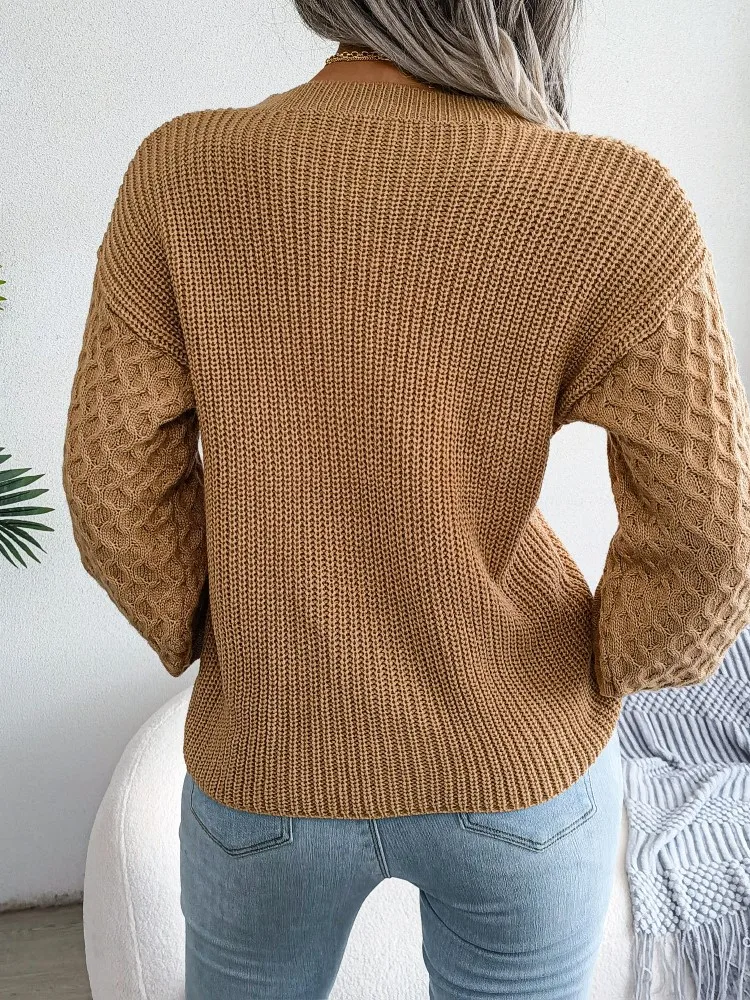 2024 Autumn Winter Casual Lantern Long Sleeved Knitted Sweater Fashion Army Green Round Neck Sweater Elegant Knitted Pullover