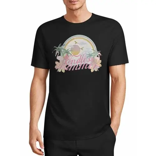 Endless Summer Pink Flamingo Palm Rainbow Sunset Vacation Print Black T-Shirt