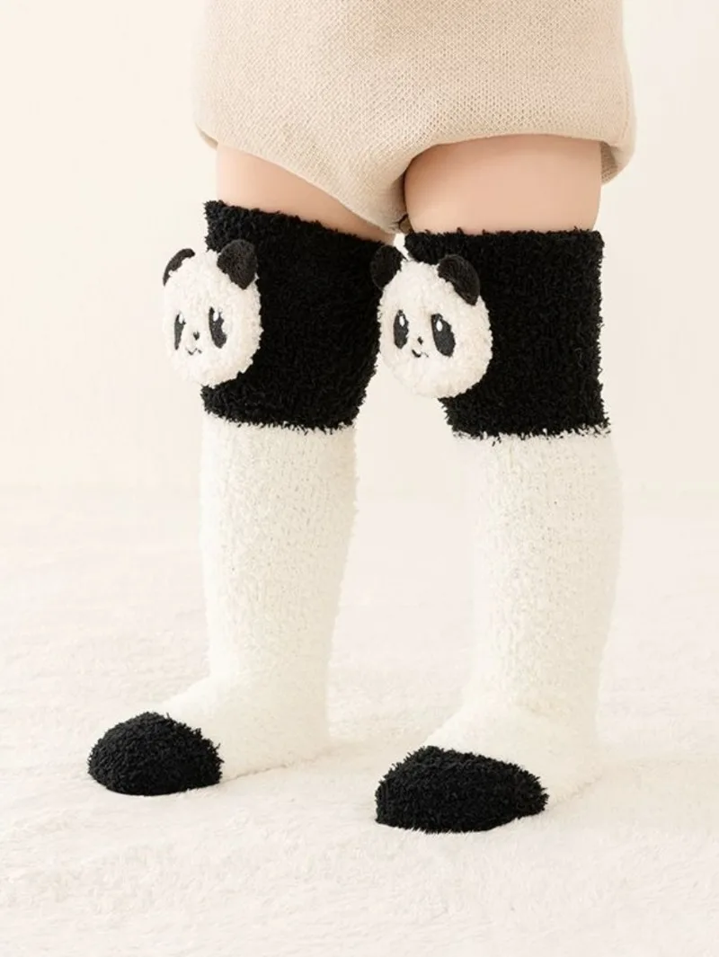 귀여운 판다 강아지 디자인 코랄 플리스 두꺼운 따뜻한 롱 스타킹 가을 겨울 아동용 양말