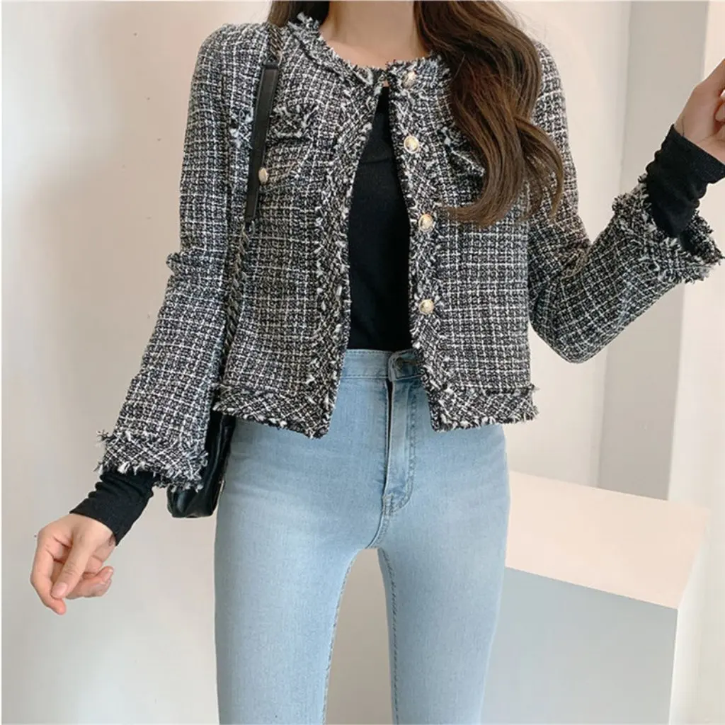

Women's Style Cardigan Coat Autumn Fashion Frayed Edge Tweed Short Top Small Design Niche Outerwear