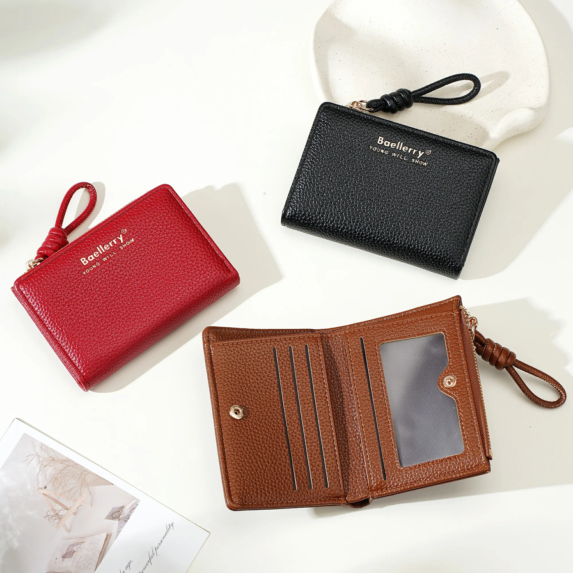 1 Stück – Baellerry Damen-Kurzgeldbörse, aus PU-Leder mit Handgelenkschlaufe, lässige Geldbörse mit Lychee-Muster, leicht, elegant, minimalistischer Stil, Alltagsgeldbörse – Detail 19