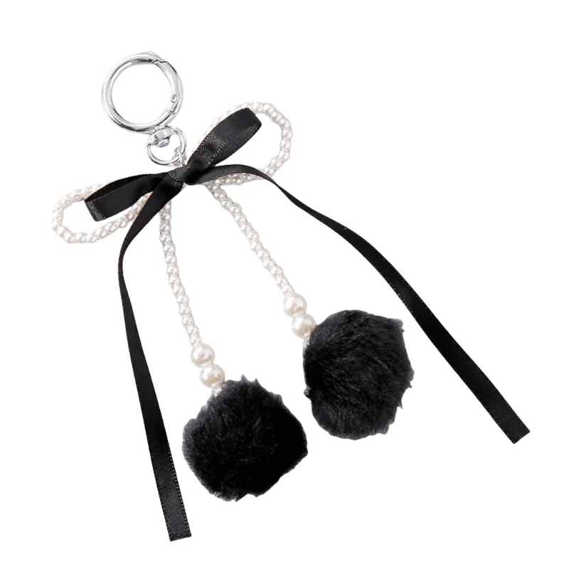 Soft Plush Hairball Keychain with Ribbon Bowknot and Imitation Pearls for Key