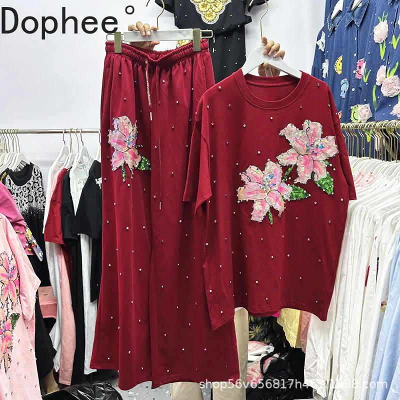 

Новый весенне-летний женский комплект из двух предметов с бриллиантами и блестками, цветами, свободная футболка с круглым вырезом и короткими рукавами + повседневные широкие брюки