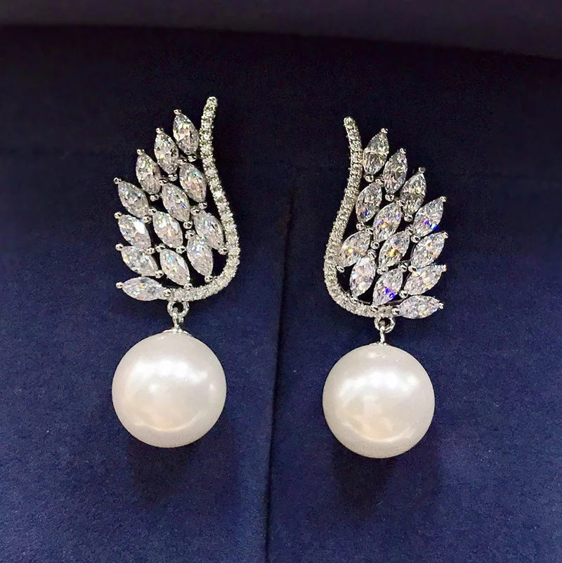 Anchor's New Product Angel Wings Earrings Full Body 925 Silver Inlaid Pearl 12mm European and American Female Earrings