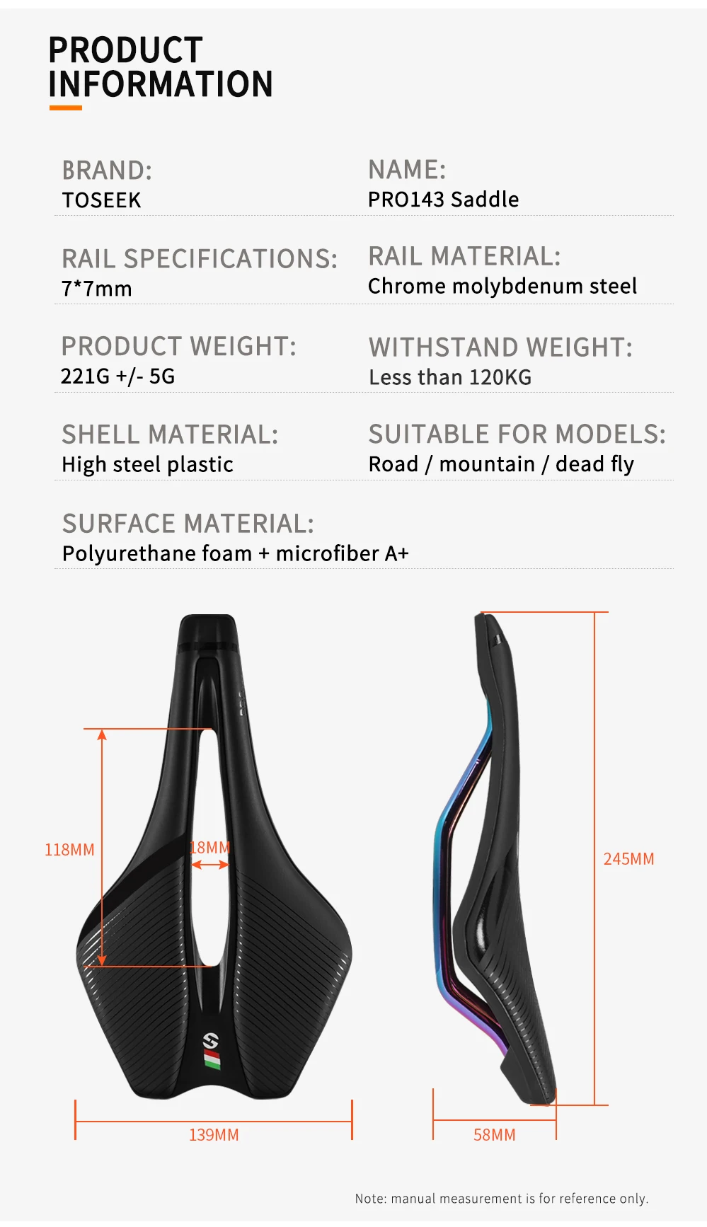 TOSEEK Fahrradsattel MTB BMX Rennrad Gravel Bike Sattel 245*139mm Komfortabler Atmungsaktiver Sitzbezug Leichtgewicht 220g – Detail 4