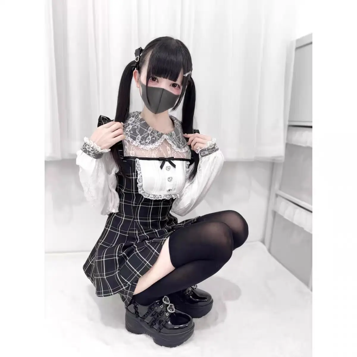 Abito Lolita gotico Y2k in stile giapponese Set pantaloncini da donna Abito da festa scozzese a maniche lunghe in pizzo dolce vintage Abiti mini abiti slim