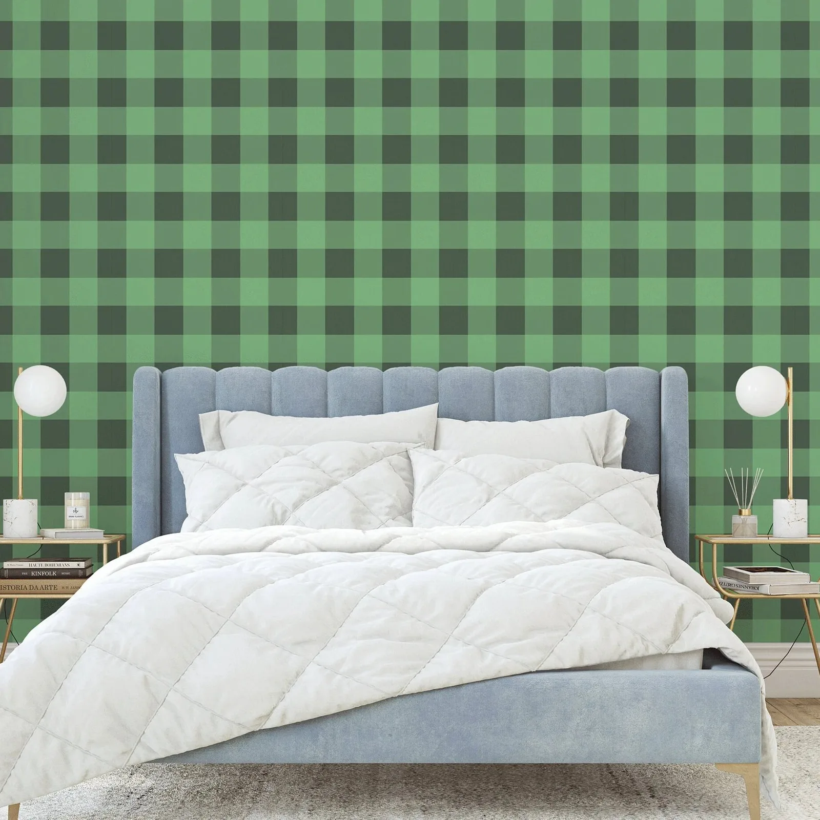 Green Buffalo Check Wall Paper Roll, Abstract Peel and Stick Wallpaper For Room Decor,Self-adhesive Or Tradition  Wall Mural Art