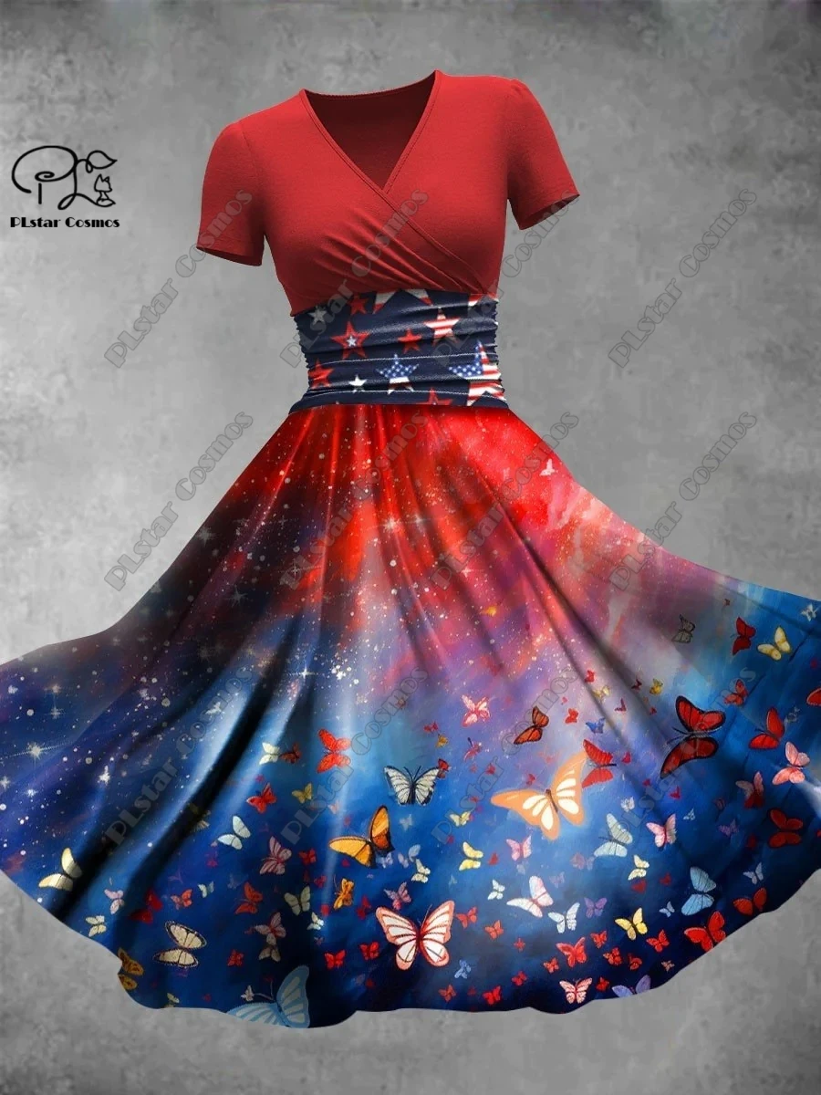 PLstar Cosmos 3D printed new flower butterfly series V-neck short-sleeved dress A-type long dress with love gift   H-2