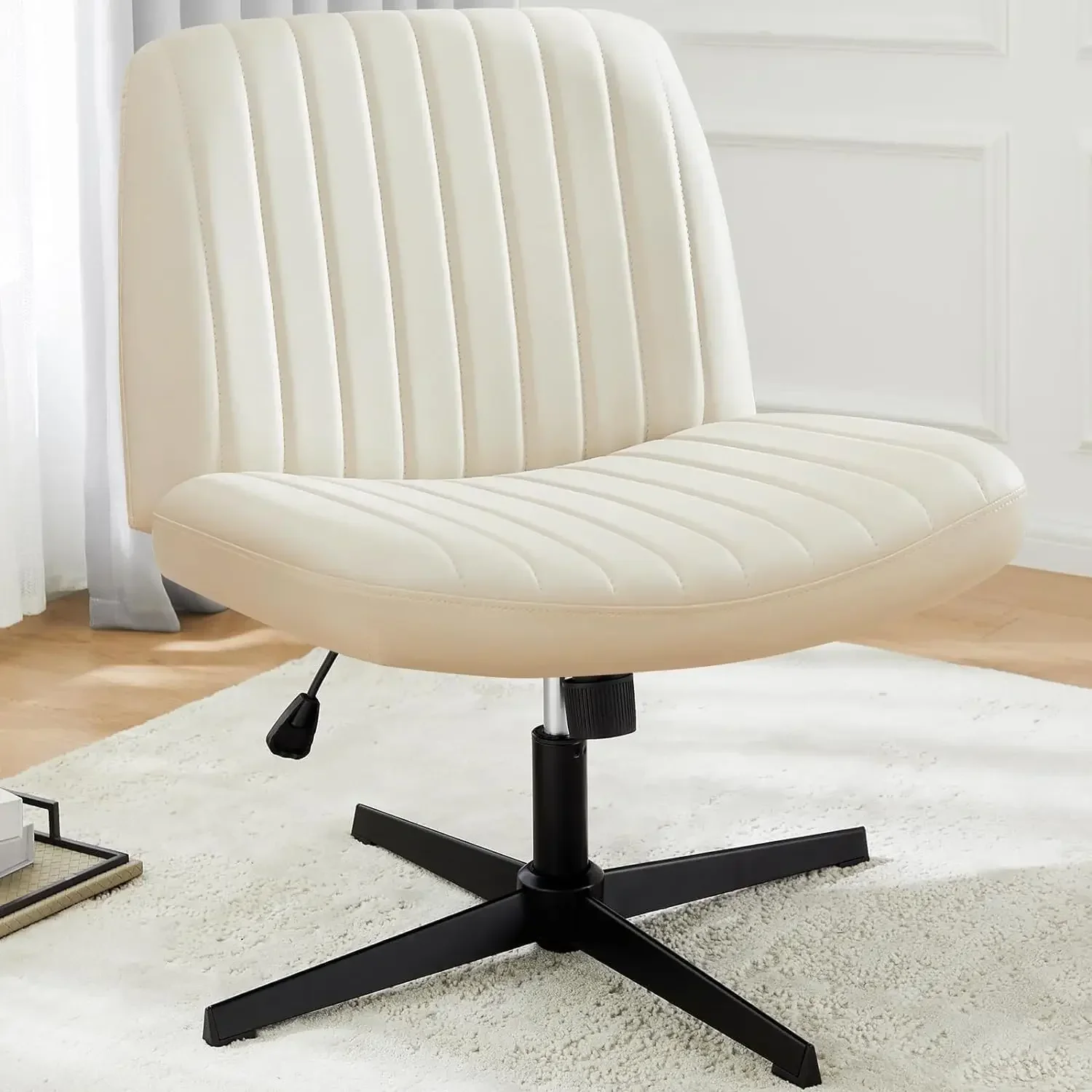

Cross Legged Armless Wide Wheels, Modern Home Office Desk Swivel Adjustable Leather Vanity Chair, Cream