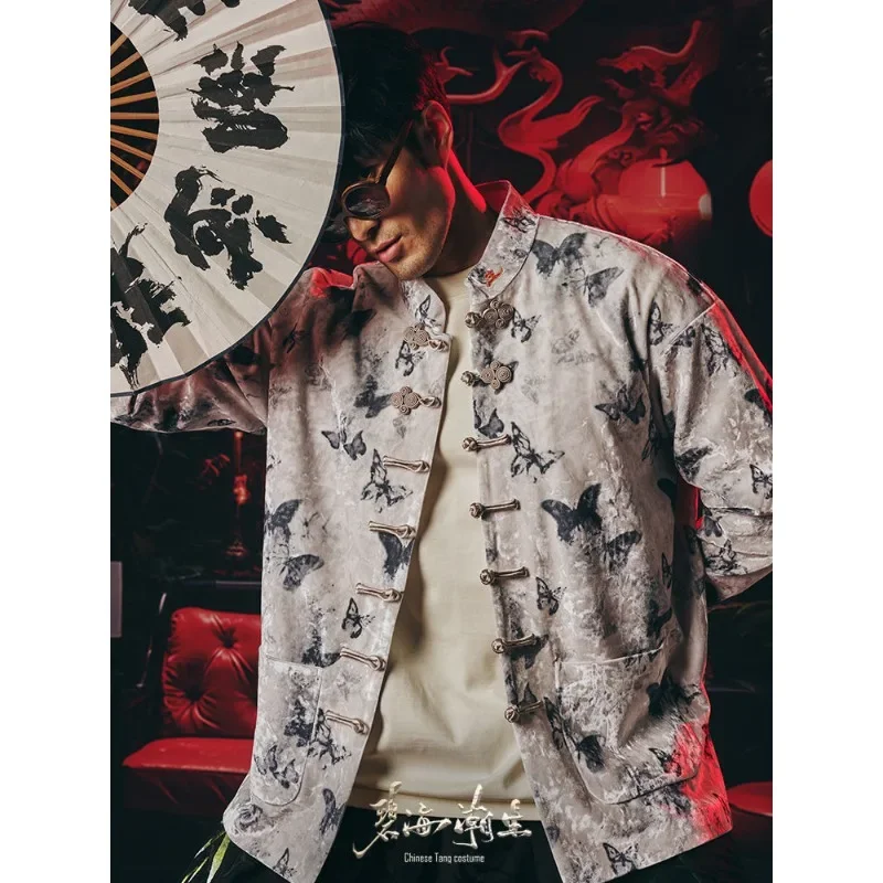 

Spring Autumn Original Fashion Chinese Style Velvet Butterfly Printed Tang Suit Top Jacket Men Women Couple Outfit Plus Size 2xl