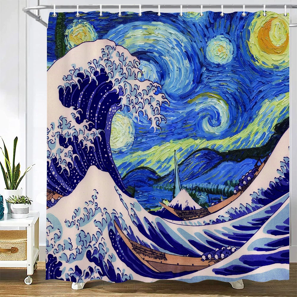 

Japanese style Sea Wave Scenery Shower Curtain Fabric Waterproof Polyester Bathroom Accessories Bath Screen Curtain for Bathtub