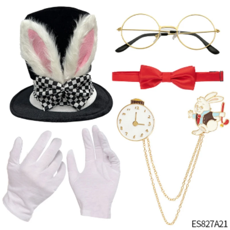 Kit de Disfraz de Conejo Blanco del Sombrerero Loco, Sombrero con Orejas de Conejo, Guantes, Reloj de Bolsillo y Corbata de Lazo para Mujeres y Niños, Decoración para Fiestas Temáticas de Halloween