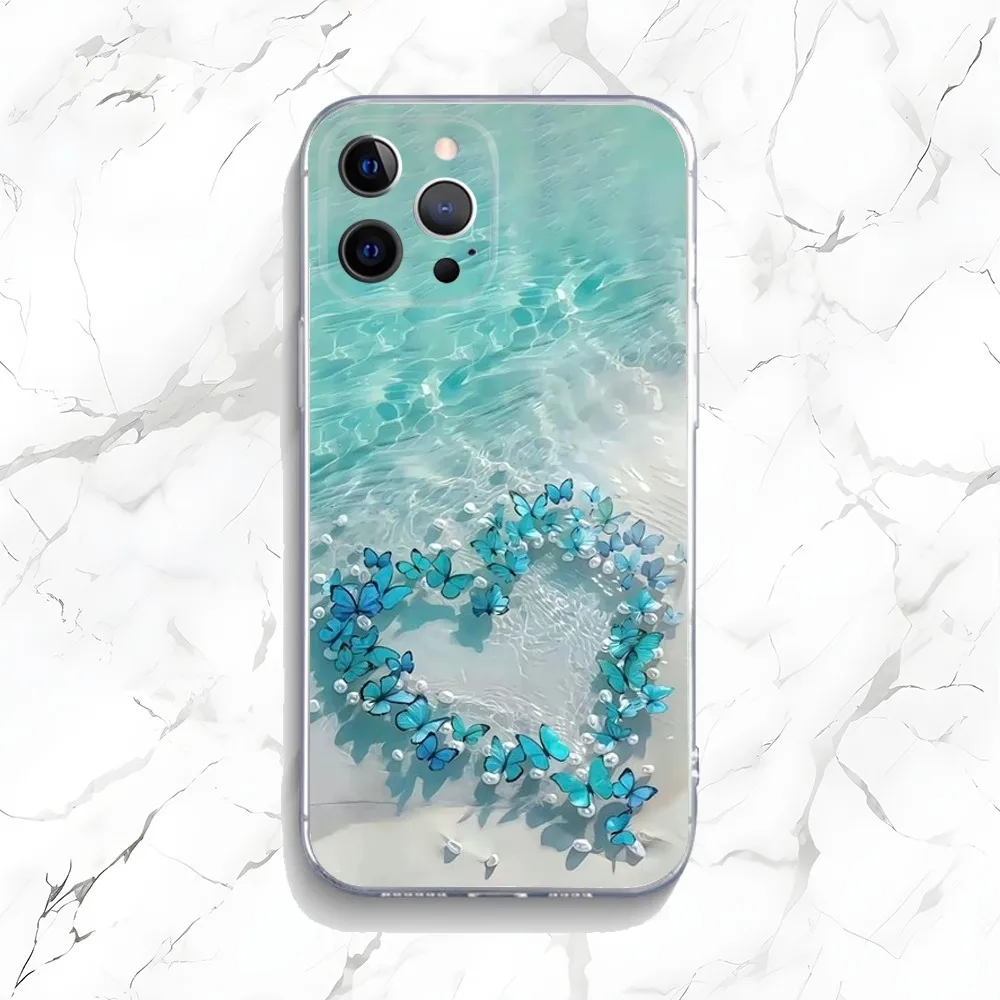 Funda de teléfono con ondas oceánicas y mariposas azules para iPhone 15,14,13,12,11 Plus,Pro,Max,XR,XS,X,7,8 Plus,SE,Mini silicona transparente suave