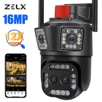 16MP 8K WiFi IP Camera Outdoor 12X Zoom Four Lens PTZ Security Cam Auto Tracking Three Screen Video Surveillance Wireless CCTV