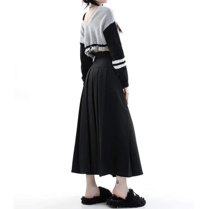 Vintage Grey Medium Length Skirts Women Spring Summer High Waist Pleated Umbrella Skirt Fashions Y2k Female Korean Style Clothes