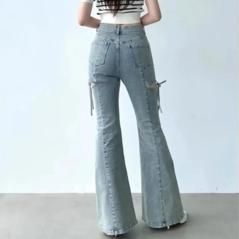 Sexy Hollow Out Lace-up Bow Pantalones Denim Ropa De Mujer Japan Style Flare Pants High Waist Pant Woman Sweet Fashion Jeans