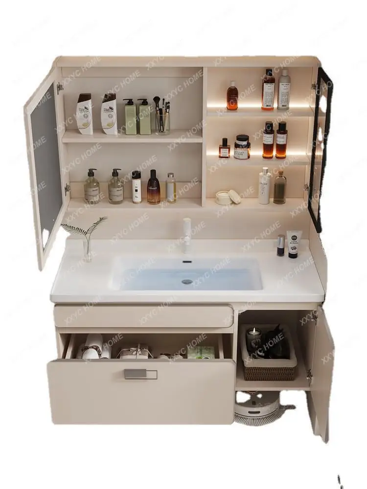 Cream Style Ceramic Integrated Bathroom Table Hand Washing Washbasin Cabinet Bathroom Cabinet Combination