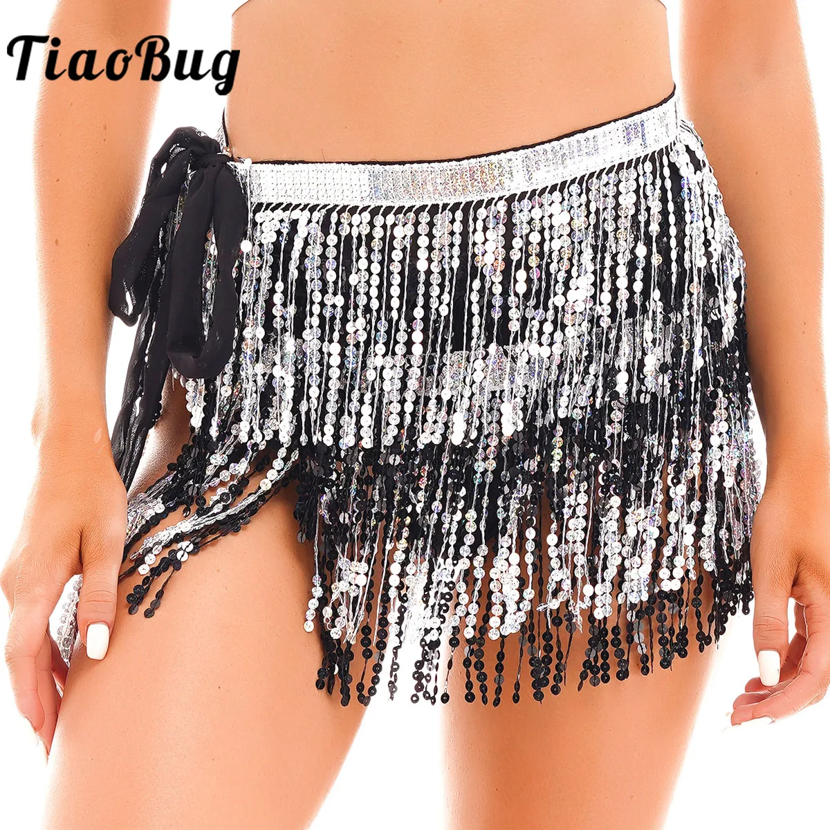 

Womens Girls Sparkling Sequin Tassel Skirt Sexy Lace-up Belly Dancing Hip Scarf Belly Dance Rave Costume Fringed Miniskirt