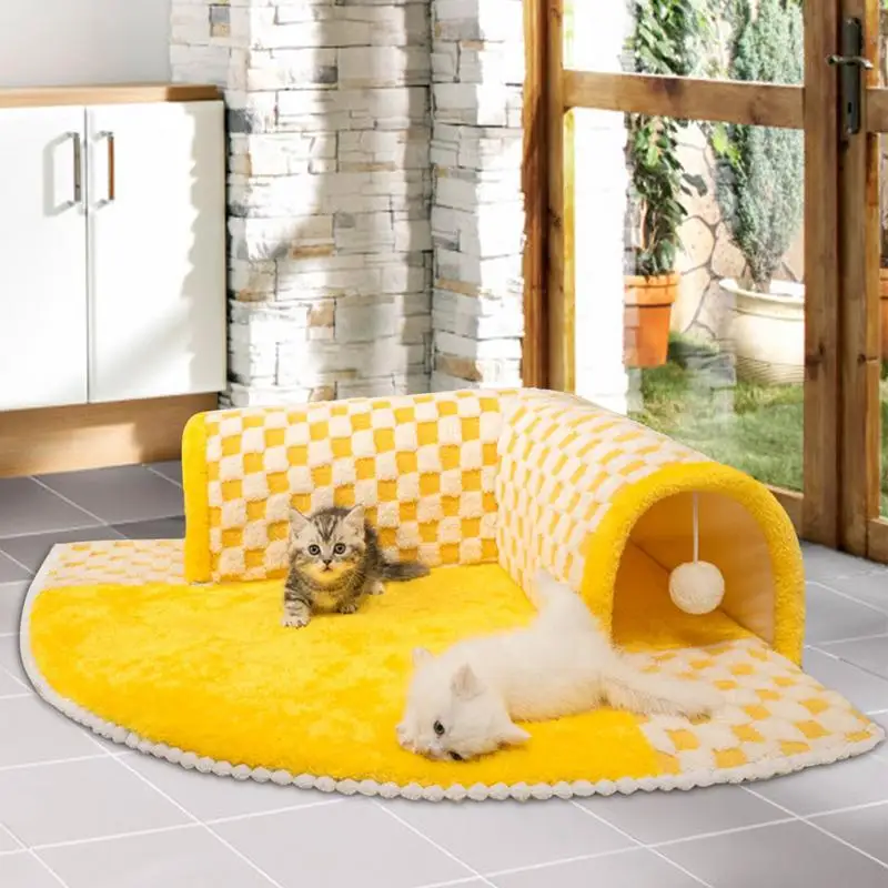 Large Cat Tunnel Bed Warm Cozy 2 In 1 Cat Tunnels And Bed 2 White Balls Interactive Pet Cave Non-slip Bottom For Indoor Cats And