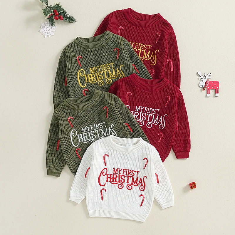 EWODOS Baby Christmas Sweaters Long Sleeve Round Neck Candy Letter Embroidery Knit Pullovers Infant Jumper Tops