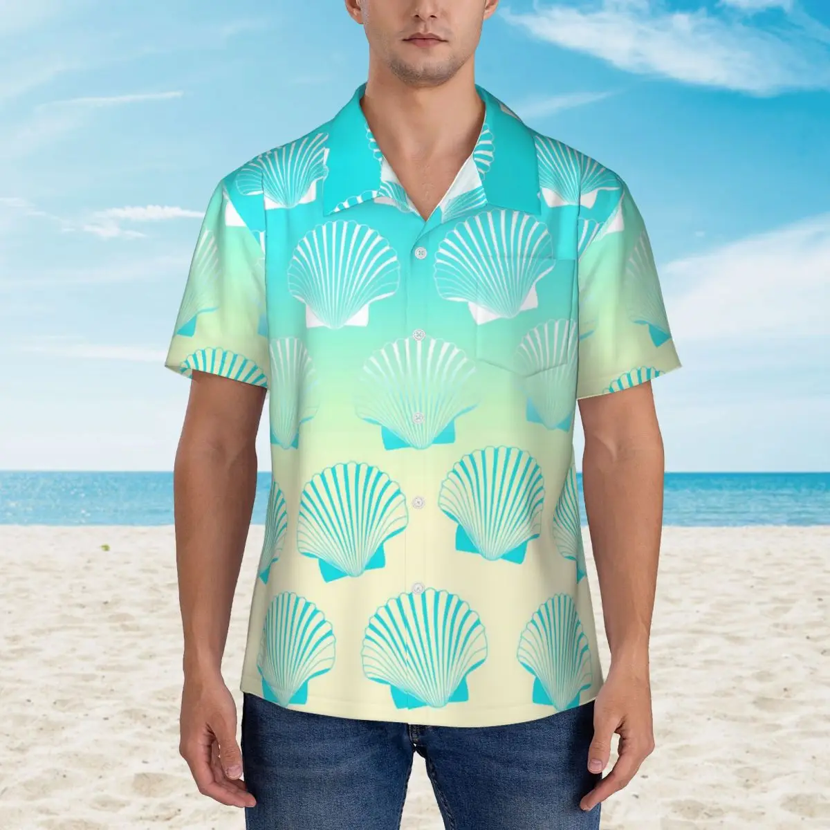 Muscheln Urlaub Hemd Farbverlauf Blau und Gelb Hawaiian Casual Shirts Männer Trendy Blusen Kurzarm Harajuku Grafik Tops