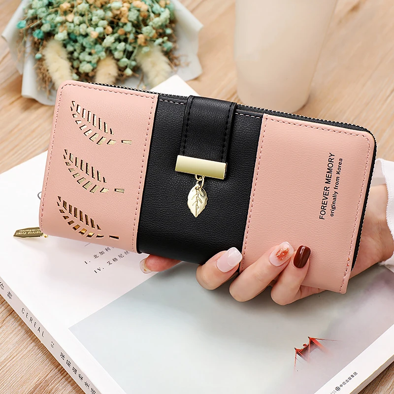 Long Women's Hollow Leaves Wallet Female Splicing Zipper Money Pouch Leaf Pendant PU Leather Coin Purse Card Holders Clutch Bag