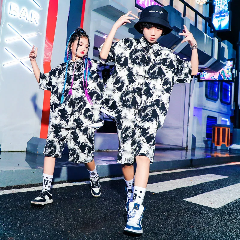 Summer Hip Hop Kids Clothes Girls Street Dance Loose Ink-painting Shirt Shorts Boys Modern Dance Clothes Walk Show Stage Costume