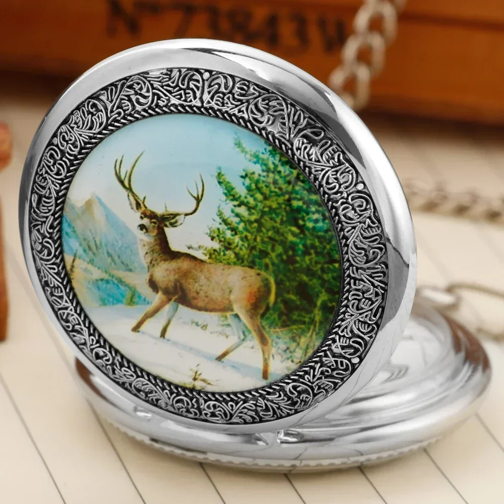 Retro Silver Elk Display Hand Winding Mechanical Pocket Watch Moon phase Roman Numeral Display Mechanism Pocket Clock