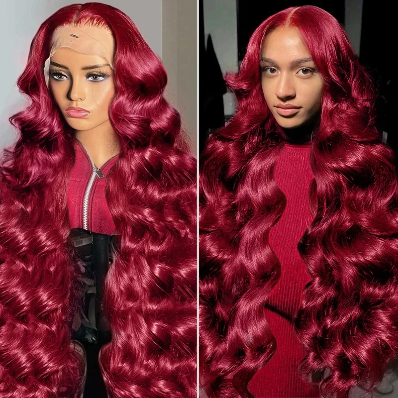 30 40 Inch 99j burgundy 250 Density 13x4 Lace Front Human Hair Body Wave Red Colored 13x6 Lace Frontal Wig For Women