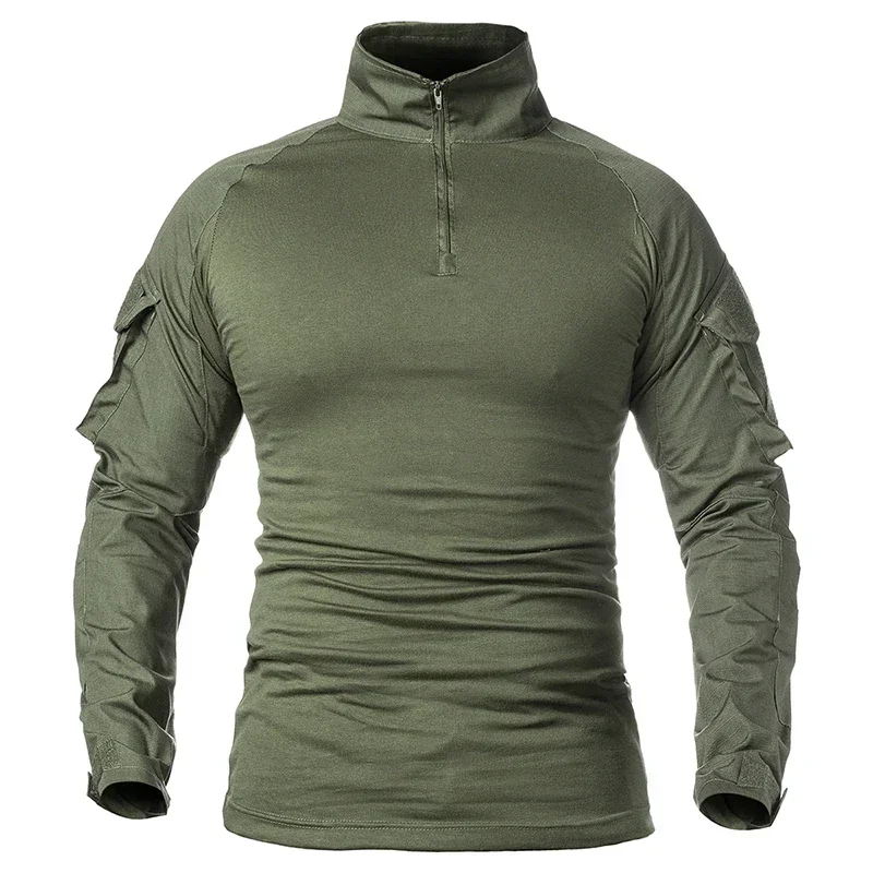 Men's Tactical Shirts Long Sleeve Combat Shirt 1/4 Zipper Ripstop Hiking T-shirts Cotton Camo Airsoft T Shirts Hunting Clothes